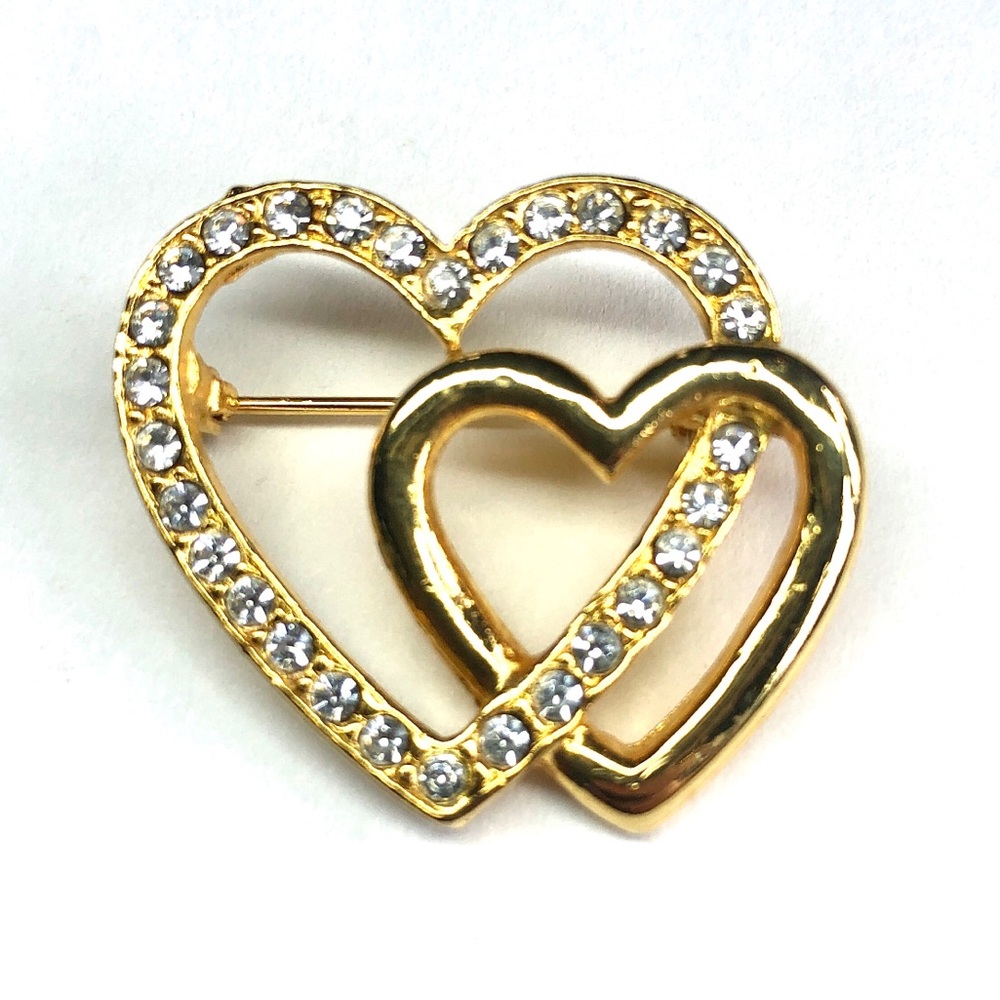 💚 3 for $30 💚 Vintage Double Heart Rhinestone Gold Tone Pin/Brooch